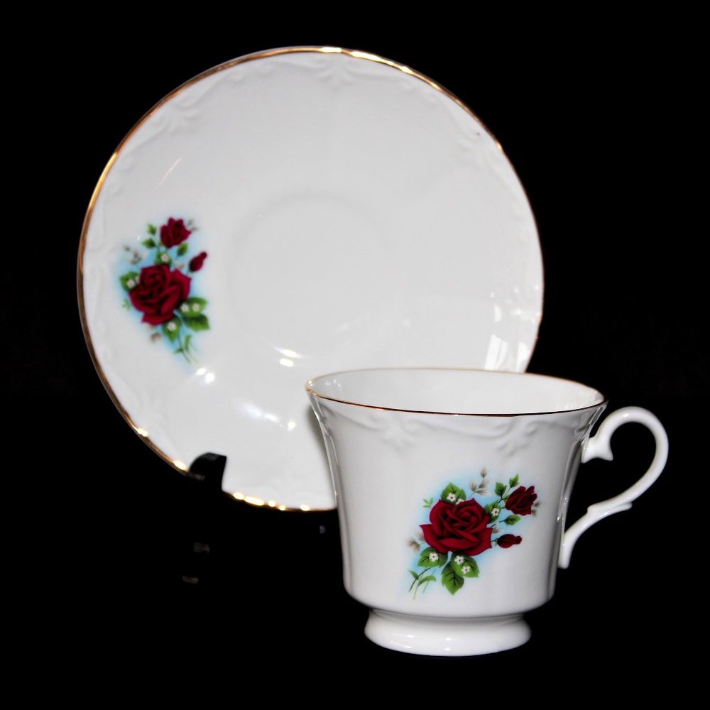 Vintage Fine Bone China Teacup Set with Red Roses | Sunrise Tea Cup & Saucer Set